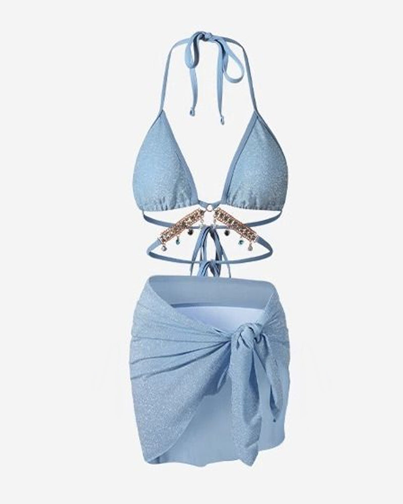 Beach Vacation Sexy Diamond Chain Bikini and Cover-up Swimsuit Set